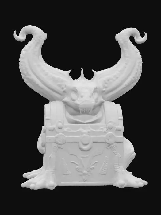 3D model for a futuristic treasure chest inspired by Ghost in the Shell and Medusa, exaggerated features such as spiraled tentacles horns, sharp angles, fierce and otherworldly, flesh-toned mix ashen bio-skin, glowing neon green highlights certain areas, bioluminescence, sci-fi, cyberpunk, intricate markings and symbols, ceremonial or technological deco, high-tech or fantasy-inspired gear, futuristic or mystical theme