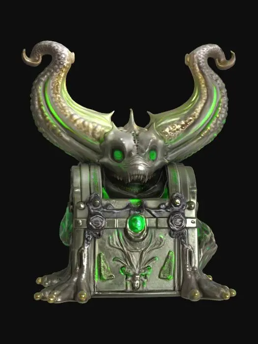 3D model for a futuristic treasure chest inspired by Ghost in the Shell and Medusa, exaggerated features such as spiraled tentacles horns, sharp angles, fierce and otherworldly, flesh-toned mix ashen bio-skin, glowing neon green highlights certain areas, bioluminescence, sci-fi, cyberpunk, intricate markings and symbols, ceremonial or technological deco, high-tech or fantasy-inspired gear, futuristic or mystical theme