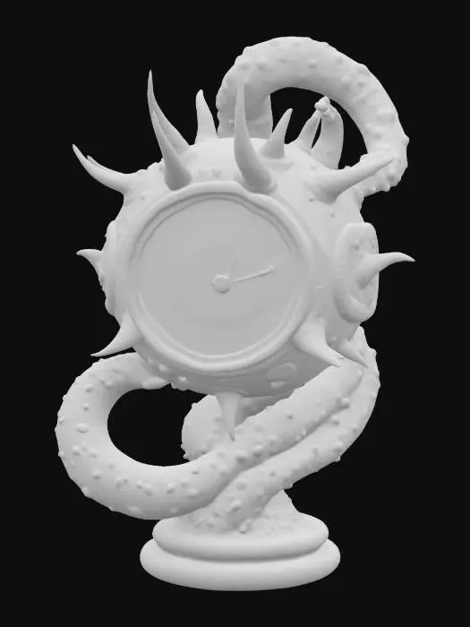 3D model for a futuristic clock inspired by Ghost in the Shell and Medusa, exaggerated features such as spiraled tentacles horns, sharp angles, fierce and otherworldly, flesh-toned mix ashen bio-skin, glowing neon green highlights certain areas, bioluminescence, sci-fi, cyberpunk, intricate markings and symbols, ceremonial or technological deco, high-tech or fantasy-inspired gear, futuristic or mystical theme