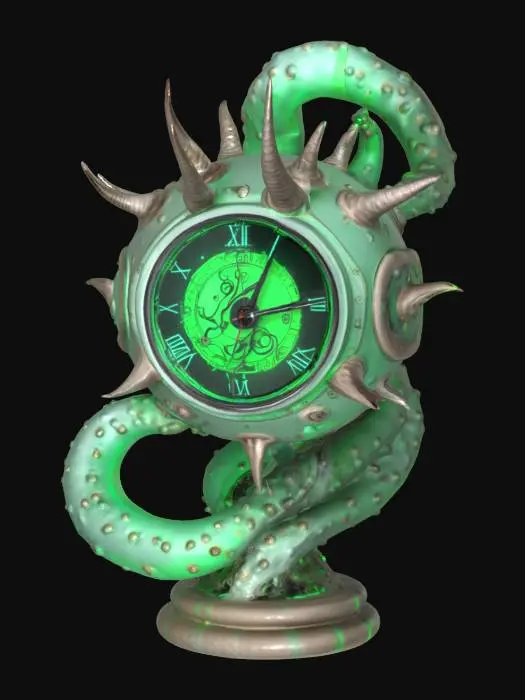 3D model for a futuristic clock inspired by Ghost in the Shell and Medusa, exaggerated features such as spiraled tentacles horns, sharp angles, fierce and otherworldly, flesh-toned mix ashen bio-skin, glowing neon green highlights certain areas, bioluminescence, sci-fi, cyberpunk, intricate markings and symbols, ceremonial or technological deco, high-tech or fantasy-inspired gear, futuristic or mystical theme