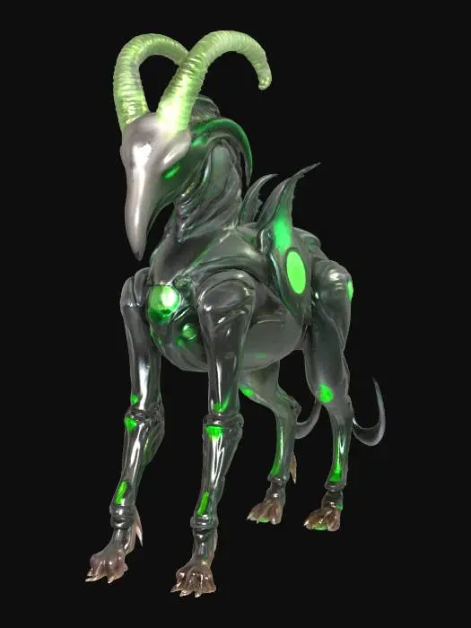 3D model for a futuristic carriage inspired by Ghost in the Shell and Medusa, exaggerated features such as spiraled tentacles horns, sharp angles, fierce and otherworldly, flesh-toned mix ashen bio-skin, glowing neon green highlights certain areas, bioluminescence, sci-fi, cyberpunk, intricate markings and symbols, ceremonial or technological deco, high-tech or fantasy-inspired gear, futuristic or mystical theme