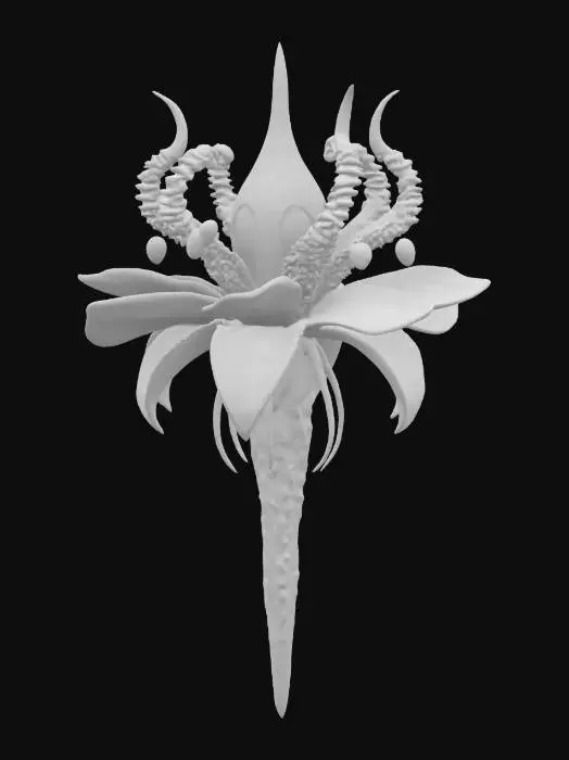 3D model for a futuristic flower inspired by Ghost in the Shell and Medusa, exaggerated features such as spiraled tentacles horns, sharp angles, fierce and otherworldly, flesh-toned mix ashen bio-skin, glowing neon green highlights certain areas, bioluminescence, sci-fi, cyberpunk, intricate markings and symbols, ceremonial or technological deco, high-tech or fantasy-inspired gear, futuristic or mystical theme