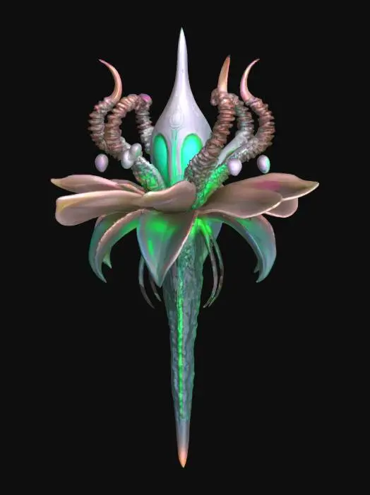 3D model for a futuristic flower inspired by Ghost in the Shell and Medusa, exaggerated features such as spiraled tentacles horns, sharp angles, fierce and otherworldly, flesh-toned mix ashen bio-skin, glowing neon green highlights certain areas, bioluminescence, sci-fi, cyberpunk, intricate markings and symbols, ceremonial or technological deco, high-tech or fantasy-inspired gear, futuristic or mystical theme