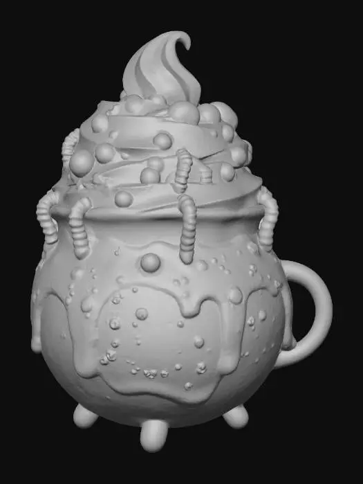 3D model for A bubbling Witch's Brew Milkshake, served in a smoky cauldron-like cup. The shake itself is a vibrant, neon green, thick and frothy, topped with a swirling purple whipped cream "potion" effect. Spooky gummy worms and edible candy eyeballs peek from the top, giving it an "evil-cute" slime monster vibe. The texture is creamy and smooth, with chewy candy surprises.