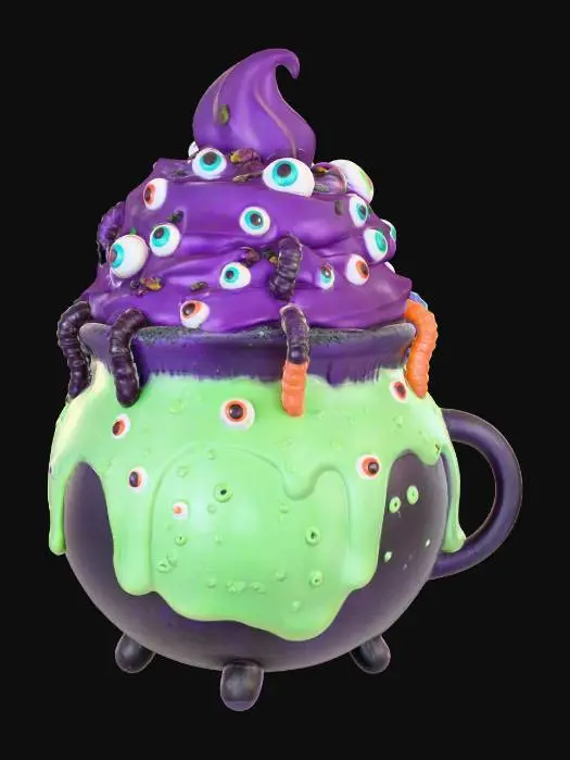 3D model for A bubbling Witch's Brew Milkshake, served in a smoky cauldron-like cup. The shake itself is a vibrant, neon green, thick and frothy, topped with a swirling purple whipped cream "potion" effect. Spooky gummy worms and edible candy eyeballs peek from the top, giving it an "evil-cute" slime monster vibe. The texture is creamy and smooth, with chewy candy surprises.