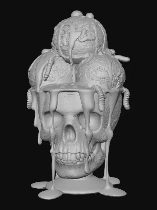 3D model for This is a gruesome yet delightful Zombie Brains Ice Cream Sundae. Scoops of raspberry ripple or strawberry ice cream are mounded to resemble a brain, with bright red strawberry sauce drizzled over to mimic blood. Bits of green slime (lime sauce) and gummy worms squirm out, adding to the macabre aesthetic. The texture is cold, creamy, and wonderfully gooey with chewy candy.