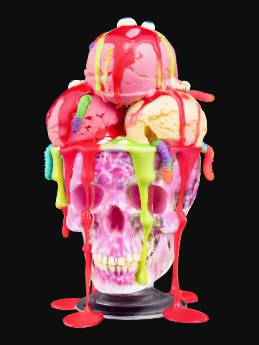 3D model for This is a gruesome yet delightful Zombie Brains Ice Cream Sundae. Scoops of raspberry ripple or strawberry ice cream are mounded to resemble a brain, with bright red strawberry sauce drizzled over to mimic blood. Bits of green slime (lime sauce) and gummy worms squirm out, adding to the macabre aesthetic. The texture is cold, creamy, and wonderfully gooey with chewy candy.
