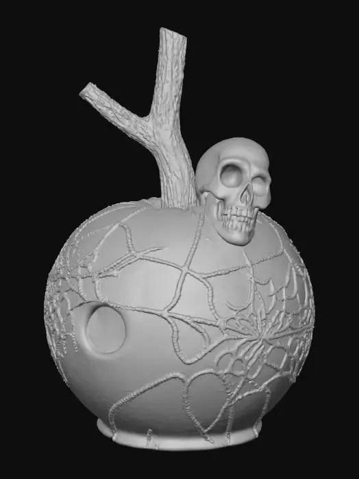 3D model for A "Crypt Keeper's Caramel Apple": A crisp green apple is thickly coated in a dark, almost black, glossy caramel, resembling a polished tombstone. It's impaled on a sturdy stick, and intricate, silver edible sugar dust is painted on the surface to create creepy, yet elegant, spiderweb patterns. A single, small, edible white chocolate skull or bone is affixed to the side. The texture is crunchy apple, sticky caramel, and delicate sugar.