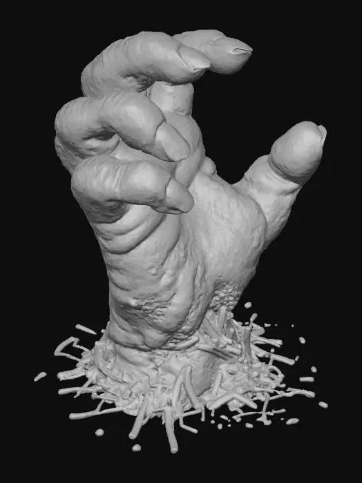 3D model for #Halloween2025#, A "Zombie Hand Meatloaf": A miniature meatloaf is molded into the grotesque, gnarled shape of a zombie hand, complete with distinct "fingers" and a "palm." It's covered in a sickly, pale green glaze (e.g., pesto or colored gravy) that appears to be decaying flesh. Shredded white cheese at the base of the fingers represents exposed bones, and black olive pieces are pressed into the fingertips as rotting nails. The texture is firm, savory meatloaf with a gooey, flavorful glaze., #Halloween2025#