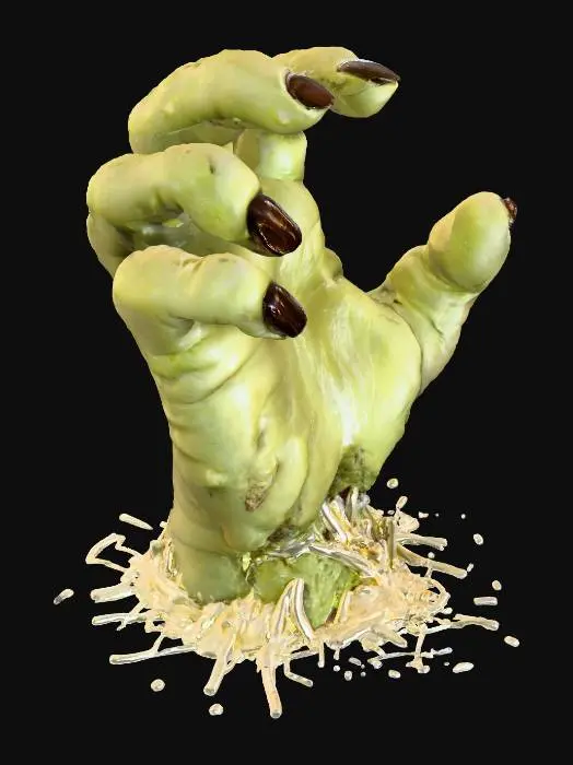 3D model for #Halloween2025#, A "Zombie Hand Meatloaf": A miniature meatloaf is molded into the grotesque, gnarled shape of a zombie hand, complete with distinct "fingers" and a "palm." It's covered in a sickly, pale green glaze (e.g., pesto or colored gravy) that appears to be decaying flesh. Shredded white cheese at the base of the fingers represents exposed bones, and black olive pieces are pressed into the fingertips as rotting nails. The texture is firm, savory meatloaf with a gooey, flavorful glaze., #Halloween2025#