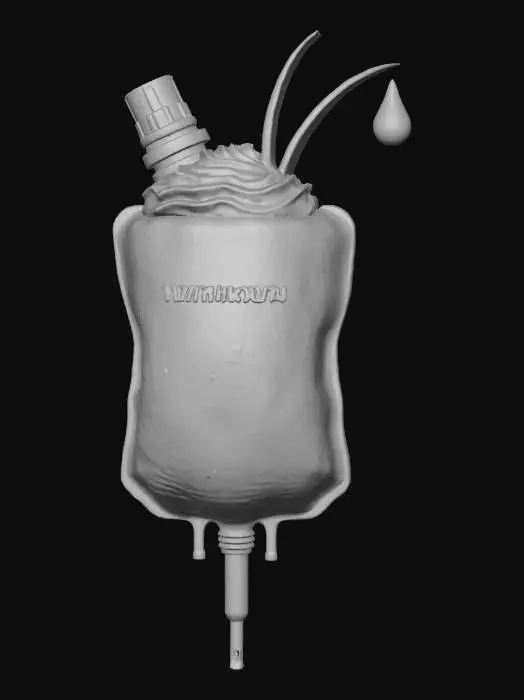3D model for The "Vampire's Kiss Milkshake": A rich, dark red milkshake (e.g., cherry or strawberry) is served in a tall, blood-bag style pouch or a beaker. It's topped with a thick, frothy layer of stark white whipped cream, from which two long, slender, white chocolate "fangs" dramatically protrude. A single, glistening red cherry "blood drop" hangs from one fang. The texture is thick, creamy, and wonderfully chilling., #Halloween2025#