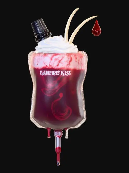 3D model for The "Vampire's Kiss Milkshake": A rich, dark red milkshake (e.g., cherry or strawberry) is served in a tall, blood-bag style pouch or a beaker. It's topped with a thick, frothy layer of stark white whipped cream, from which two long, slender, white chocolate "fangs" dramatically protrude. A single, glistening red cherry "blood drop" hangs from one fang. The texture is thick, creamy, and wonderfully chilling., #Halloween2025#