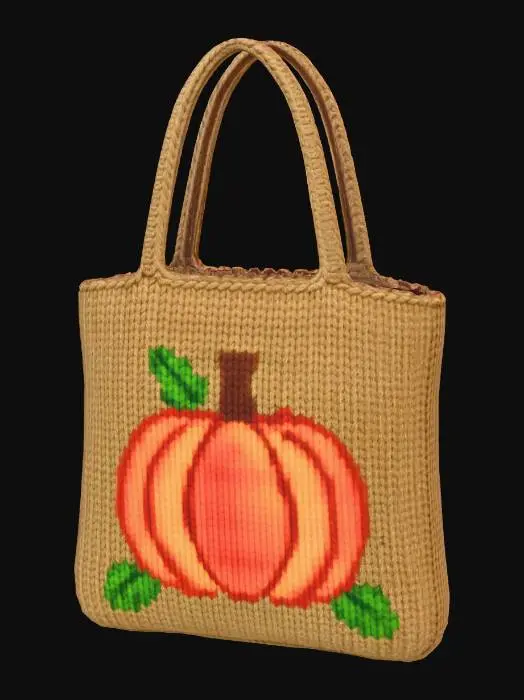 3D model for A charming Thanksgiving-themed knitted market tote, perfect for autumn grocery runs or holiday gift exchanges. Crafted from robust, earthy brown organic cotton yarn in a tight, durable half-double crochet stitch, forming a sturdy rectangular bag approximately 15x17 inches. Its front features a large, intricately knitted pumpkin motif in variegated burnt orange, subtly bordered by tiny green knitted leaves, offering a rustic yet festive aesthetic.