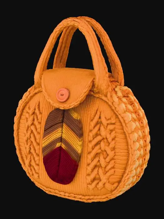 3D model for A cozy knitted **pie carrier bag**, designed specifically for transporting Thanksgiving pies. Made from durable, thick wool blend yarn in a warm, heathered pumpkin spice orange, this round bag features robust integrated handles and a unique knitted appliqué of a **stylized turkey feather** on the front flap. It snugly fits a standard 9-inch pie, keeping it warm and secure in true holiday fashion.