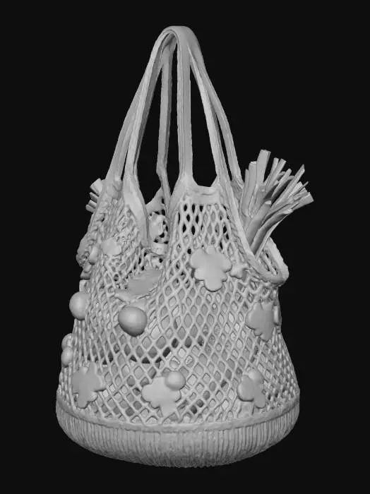 3D model for An eco-friendly knitted produce bag, designed with Thanksgiving harvest in mind. This open-mesh bag is made from a resilient blend of natural hemp and recycled cotton in a warm, muted sage green. It features sturdy, wide shoulder straps and a robust base. Dotted throughout the mesh are small, subtly integrated knitted acorns and fall leaves in rustic reds and yellows, adding a touch of seasonal charm while allowing air circulation for fresh produce.
