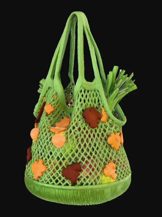 3D model for An eco-friendly knitted produce bag, designed with Thanksgiving harvest in mind. This open-mesh bag is made from a resilient blend of natural hemp and recycled cotton in a warm, muted sage green. It features sturdy, wide shoulder straps and a robust base. Dotted throughout the mesh are small, subtly integrated knitted acorns and fall leaves in rustic reds and yellows, adding a touch of seasonal charm while allowing air circulation for fresh produce.