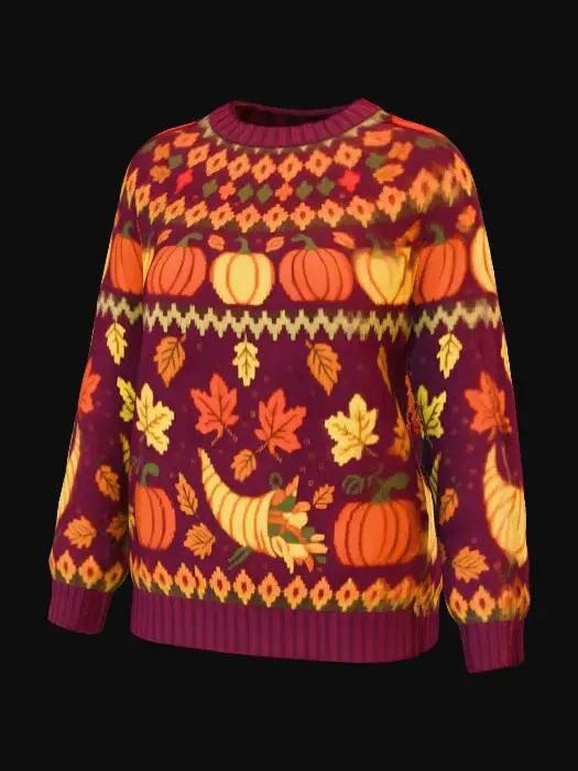 3D model for A cozy, chunky knit sweater, perfect for Thanksgiving celebrations. It features a rich palette of autumnal colors, including deep cranberry red, burnt orange, goldenrod yellow, and warm chestnut brown, woven into a detailed Fair Isle pattern of pumpkins, fall leaves, and cornucopias. Made from a luxurious blend of soft merino wool and cashmere, the sweater has a comfortable, slightly oversized fit, ribbed cuffs and hem, and a comforting textured feel.
