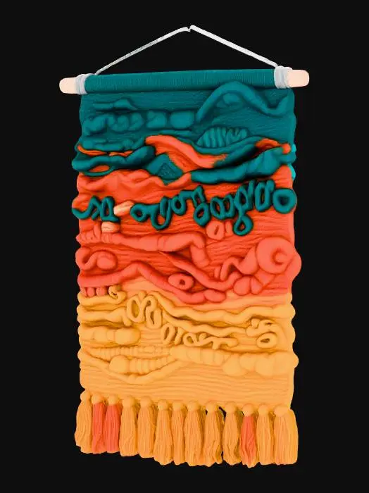 3D model for A unique knitted wall hanging tapestry, celebrating the abstract beauty of autumn. This rectangular piece, approximately 18x24 inches, uses various textured art yarns—ranging from fuzzy mohair to smooth linen—in a rich gradient of deep teal, rust orange, and warm mustard yellow. Its multi-dimensional knit and purl stitches create an inviting, tactile landscape, adding a modern, cozy artistic statement to your holiday decor.