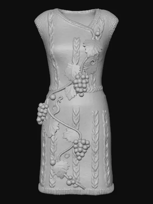 3D model for A unique knitted dress or tunic, adorned with a delicate, trailing **vine motif**. The main body, in a muted forest green merino wool, features subtle textured stitches. From the neckline and along one side, a knitted vine with intricately detailed, flat knitted **grape leaves and small, plump knitted grapes or cranberries** in deep purple and red gracefully winds down the fabric. #Thanksgiving#