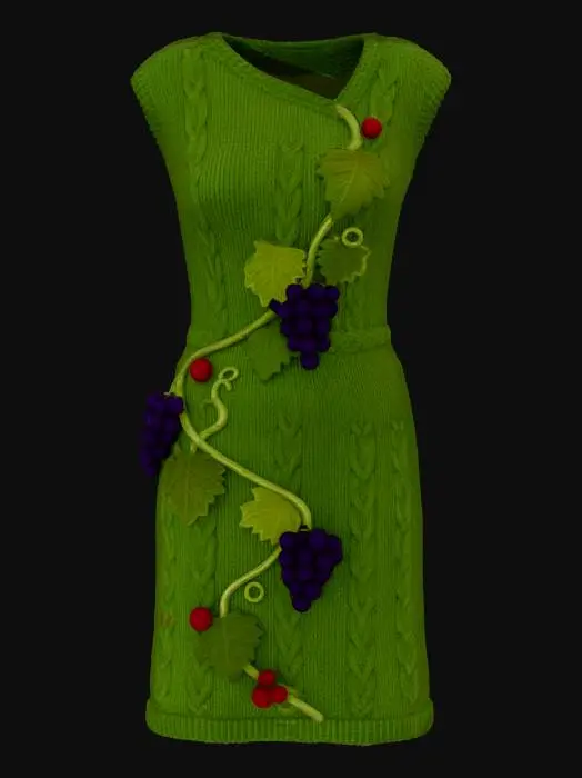 3D model for A unique knitted dress or tunic, adorned with a delicate, trailing **vine motif**. The main body, in a muted forest green merino wool, features subtle textured stitches. From the neckline and along one side, a knitted vine with intricately detailed, flat knitted **grape leaves and small, plump knitted grapes or cranberries** in deep purple and red gracefully winds down the fabric. #Thanksgiving#