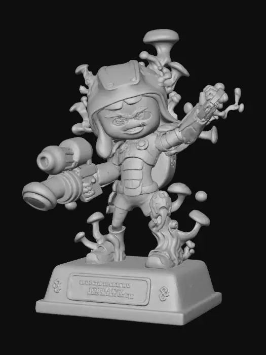 3D model for A **collectible trophy/statue**, depicting a victorious Splatoon character integrated with parasitic fungal growths. The character's armor features rigid, glossy iridescent plastic in varied high-saturation colors. The parasitic elements are sculpted from a semi-transparent, flexible silicone, some parts embedded with glowing crystals, all mounted on a heavy, brushed metallic base.