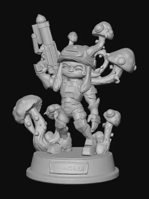 3D model for A **collectible trophy/statue**, depicting a victorious Splatoon character integrated with parasitic fungal growths. The character's armor features rigid, glossy iridescent plastic in varied high-saturation colors. The parasitic elements are sculpted from a semi-transparent, flexible silicone, some parts embedded with glowing crystals, all mounted on a heavy, brushed metallic base.