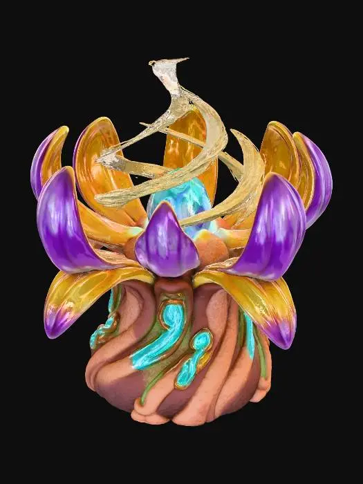 3D model for A **temporary buff dispenser/power-up totem**, shaped like a stylized, blossoming mushroom. The base is a rough, textured ceramic in earthy brown. The "petals" are rigid, glossy iridescent plastic in high-saturation purple and electric yellow, slowly unfurling to reveal a central glowing crystal that emits beneficial effects, powered by translucent gel conduits.