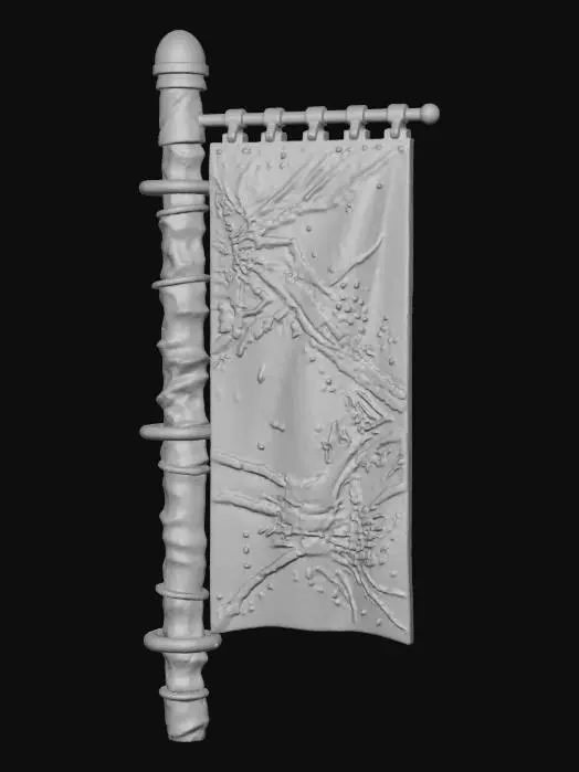3D model for A **decorative banner/flag** for a base, with the pole resembling a segmented, hardened fungal stalk. The pole is constructed from textured, matte carbon fiber with rigid, glossy iridescent plastic rings in electric blue. The banner itself is a flexible, synthetic fabric, emblazoned with bioluminescent spore patterns in hot pink, attached by brushed metallic clips.
