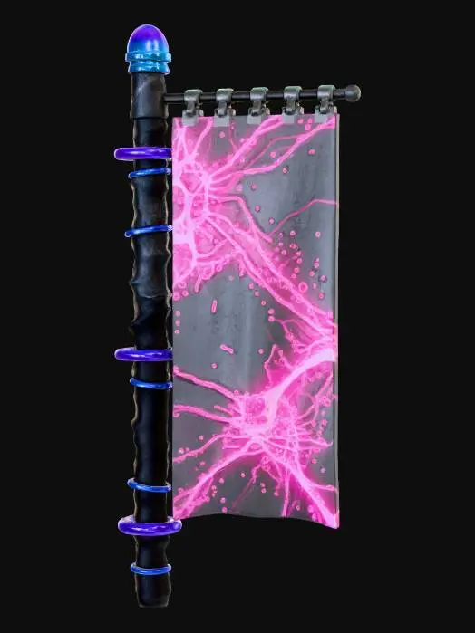 3D model for A **decorative banner/flag** for a base, with the pole resembling a segmented, hardened fungal stalk. The pole is constructed from textured, matte carbon fiber with rigid, glossy iridescent plastic rings in electric blue. The banner itself is a flexible, synthetic fabric, emblazoned with bioluminescent spore patterns in hot pink, attached by brushed metallic clips.