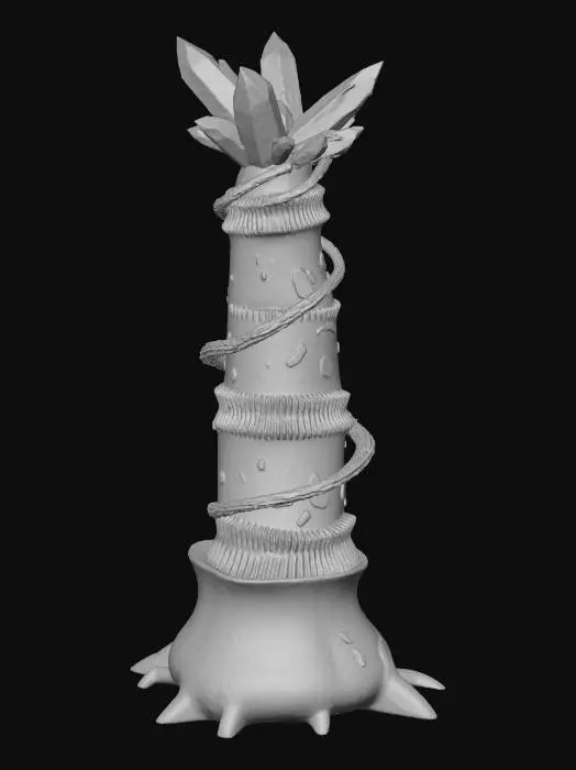 3D model for A **communications relay tower**, appearing as a towering, segmented fungal stalk. Its base is a robust, textured ceramic in a muted grey. Each segment of the stalk is a rigid, glossy iridescent plastic in electric blue, connected by flexible rubberized gaskets. The top features multiple glowing crystal antennae, powered by visible translucent gel conduits.