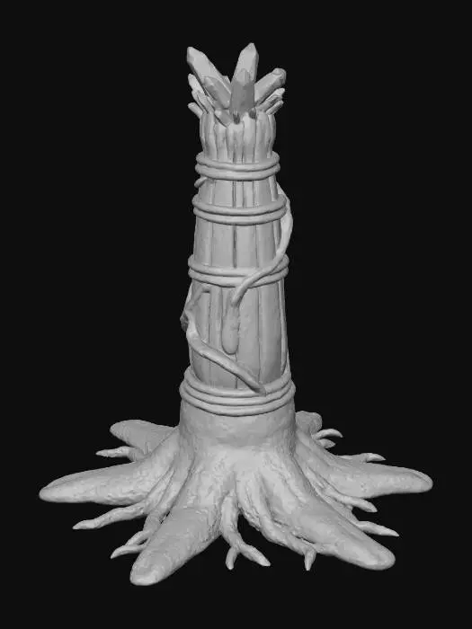 3D model for A **communications relay tower**, appearing as a towering, segmented fungal stalk. Its base is a robust, textured ceramic in a muted grey. Each segment of the stalk is a rigid, glossy iridescent plastic in electric blue, connected by flexible rubberized gaskets. The top features multiple glowing crystal antennae, powered by visible translucent gel conduits.