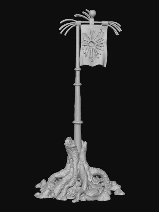 3D model for A **capture point/flag pole**, its base resembling a robust, ancient fungal root system made of textured, rough ceramic in earthy tones. The pole itself is a sleek, rigid, glossy iridescent plastic in electric green, segmented by brushed metallic rings. The flag at the top is a flexible, durable fabric emblazoned with a spore motif, held by flexible optical fiber tendrils.