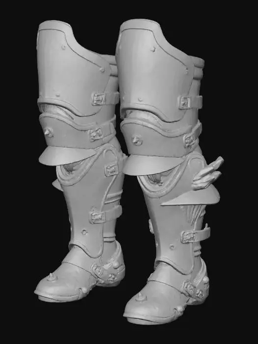 3D model for A pair of **armored leg guards**, featuring layered parasitic mushroom-cap plating from knee to shin. The outer plates are high-gloss, rigid iridescent plastic in vibrant magenta, with etched patterns. These are connected by robust, flexible rubberized segments in electric blue. Brushed metallic clasps and embedded small, glowing crystal shards provide tactical enhancement.
