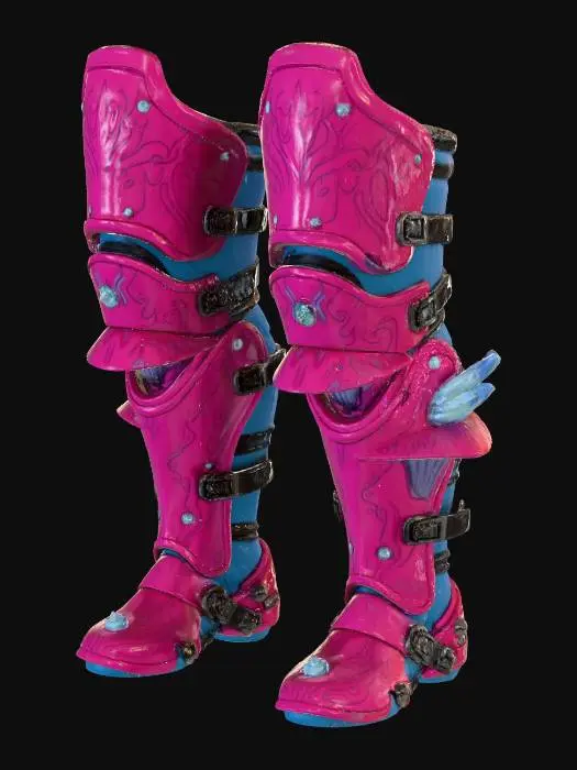3D model for A pair of **armored leg guards**, featuring layered parasitic mushroom-cap plating from knee to shin. The outer plates are high-gloss, rigid iridescent plastic in vibrant magenta, with etched patterns. These are connected by robust, flexible rubberized segments in electric blue. Brushed metallic clasps and embedded small, glowing crystal shards provide tactical enhancement.