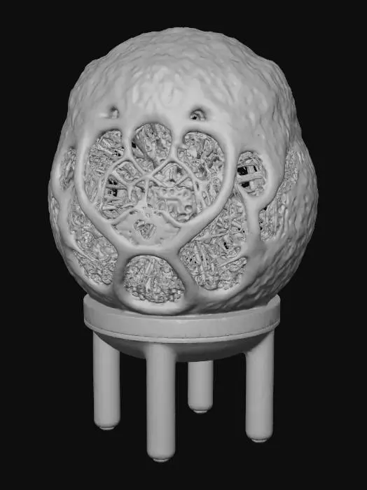 3D model for A **capture point device/beacon** shaped like a glowing, pulsating spore sac. Its outer shell is a semi-transparent, flexible silicone material in neon yellow, revealing an intricate internal structure of rigid, iridescent plastic veins. A core of vibrant, pulsating translucent gel is visible, anchored by a brushed metallic base with carbon fiber textured supports.