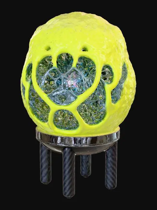 3D model for A **capture point device/beacon** shaped like a glowing, pulsating spore sac. Its outer shell is a semi-transparent, flexible silicone material in neon yellow, revealing an intricate internal structure of rigid, iridescent plastic veins. A core of vibrant, pulsating translucent gel is visible, anchored by a brushed metallic base with carbon fiber textured supports.
