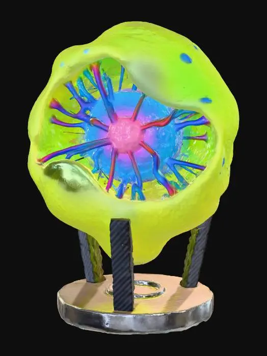 3D model for A **capture point device/beacon** shaped like a glowing, pulsating spore sac. Its outer shell is a semi-transparent, flexible silicone material in neon yellow, revealing an intricate internal structure of rigid, iridescent plastic veins. A core of vibrant, pulsating translucent gel is visible, anchored by a brushed metallic base with carbon fiber textured supports.
