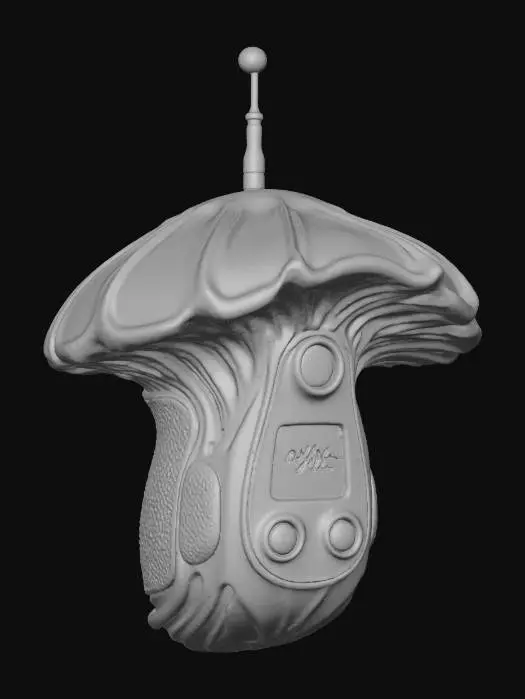 3D model for A handheld **scanner/gadget**. Its main housing is constructed from rigid, glossy plastic with an iridescent sheen, shaped like a stylized parasitic mushroom cap in electric green and orange. Flexible, rubberized grip pads on the sides ensure maximum comfort, and a brushed metallic antenna extends from its top for enhanced signal.