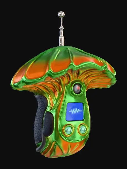 3D model for A handheld **scanner/gadget**. Its main housing is constructed from rigid, glossy plastic with an iridescent sheen, shaped like a stylized parasitic mushroom cap in electric green and orange. Flexible, rubberized grip pads on the sides ensure maximum comfort, and a brushed metallic antenna extends from its top for enhanced signal.