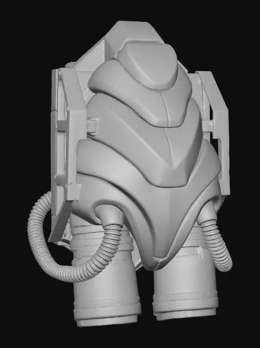 3D model for A high-performance **jetpack**. Its main casing consists of rigid, glossy plastic panels with an iridescent sheen, resembling layered mushroom caps in high-saturation cyan and lime green. The powerful thruster nozzles and connecting hoses are expertly crafted from flexible, rubberized material, while brushed metallic structural elements reinforce the entire frame.