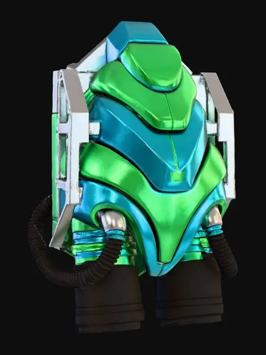 3D model for A high-performance **jetpack**. Its main casing consists of rigid, glossy plastic panels with an iridescent sheen, resembling layered mushroom caps in high-saturation cyan and lime green. The powerful thruster nozzles and connecting hoses are expertly crafted from flexible, rubberized material, while brushed metallic structural elements reinforce the entire frame.