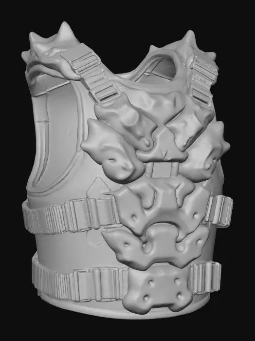 3D model for A **chest armor vest** for Splatoon, built on a high-saturation lime green and vivid orange base. Armored plating, resembling aggressive parasitic mushroom growths, covers the torso. These plates are made from a rigid, glossy plastic with an iridescent sheen, ingeniously joined by flexible, rubberized straps and panels. Brushed metallic buckles and tactical trim provide functional accents.
