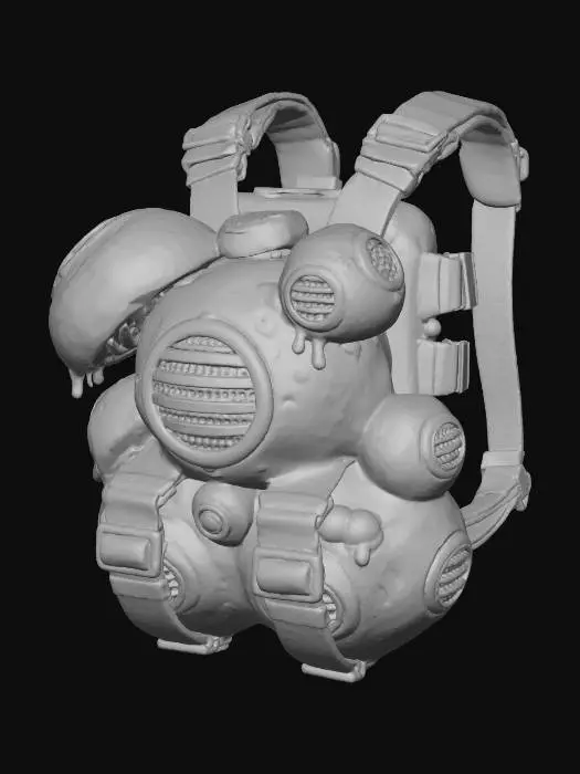 3D model for A utility pack designed as a parasitic mushroom cluster, ready for a Splatoon character. It features multiple interconnected, high-saturation plastic capsules in lime green and hot pink, some with shiny metallic grates and others with a smooth, almost squishy texture, all fastened with robust, color-blocked nylon straps.