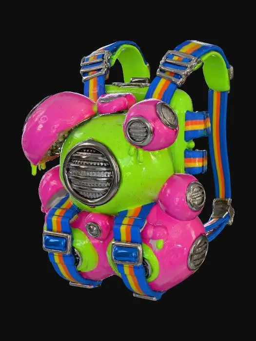 3D model for A utility pack designed as a parasitic mushroom cluster, ready for a Splatoon character. It features multiple interconnected, high-saturation plastic capsules in lime green and hot pink, some with shiny metallic grates and others with a smooth, almost squishy texture, all fastened with robust, color-blocked nylon straps.