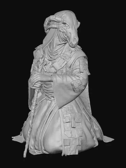 3D model for A **spiritual warrior**, in ceremonial pose. He wears a **bone-white, elongated mask** resembling a predator's snout, enhanced with **dark bronze communication relays** that connect to subtle temple implants. His **layered ochre and grey robes** are adorned with **iridescent, salvaged circuit board pieces** that shimmer with **desaturated cosmic violet hues**, bridging faith and advanced signal processing.