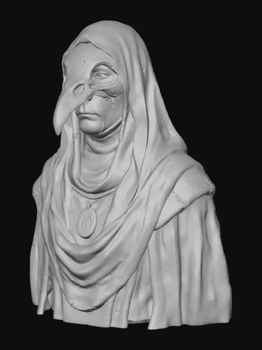 3D model for A **melancholic oracle**, standing draped in **flowing, translucent bone-colored silks** over **dark, textured undergarments**. Her face is partly covered by a **delicate, etched bird-bone faceplate**, from which **iridescent teal tears** appear to flow, subtly integrated with **micro-sensors**. A **glowing amber rune-stone** is suspended at her neck, hinting at ancient prophecies and advanced insight.