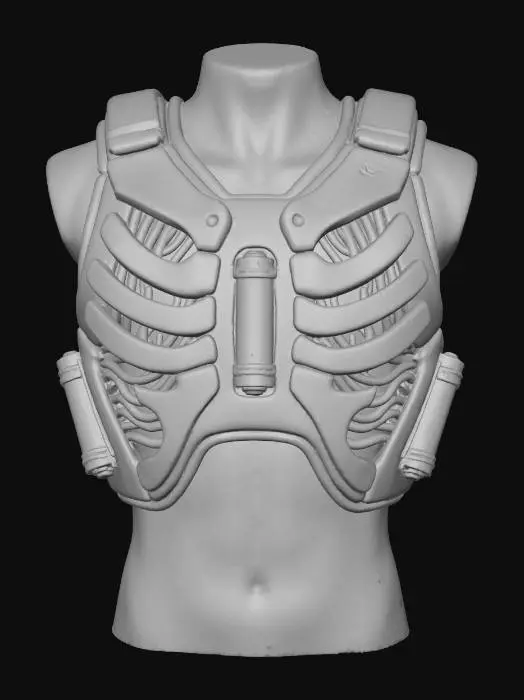 3D model for A **modular kinetic energy harness**, worn over the torso, combining **bone-white segmented ceramic plates** that mimic an animal's ribcage, with **dark, heavy-gauge copper wiring** visible beneath transparent, **iridescent synth-bone**. **Desaturated lime green and fuchsia energy cells** hum softly, converting movement into power. **Faded ochre and deep indigo tribal patterns** adorn its surface, making this **Wabi-sabi Cyberpunk gear** a worn yet vital source of sustained, organic-tech derived energy.