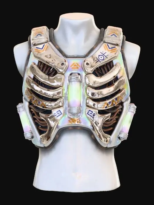 3D model for A **modular kinetic energy harness**, worn over the torso, combining **bone-white segmented ceramic plates** that mimic an animal's ribcage, with **dark, heavy-gauge copper wiring** visible beneath transparent, **iridescent synth-bone**. **Desaturated lime green and fuchsia energy cells** hum softly, converting movement into power. **Faded ochre and deep indigo tribal patterns** adorn its surface, making this **Wabi-sabi Cyberpunk gear** a worn yet vital source of sustained, organic-tech derived energy.