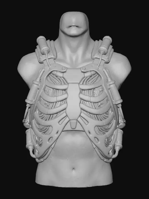 3D model for A **modular kinetic energy harness**, worn over the torso, combining **bone-white segmented ceramic plates** that mimic an animal's ribcage, with **dark, heavy-gauge copper wiring** visible beneath transparent, **iridescent synth-bone**. **Desaturated lime green and fuchsia energy cells** hum softly, converting movement into power. **Faded ochre and deep indigo tribal patterns** adorn its surface, making this **Wabi-sabi Cyberpunk gear** a worn yet vital source of sustained, organic-tech derived energy.