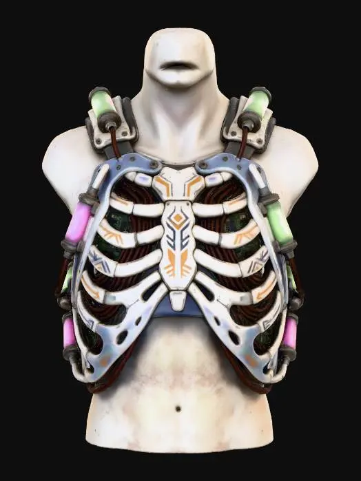 3D model for A **modular kinetic energy harness**, worn over the torso, combining **bone-white segmented ceramic plates** that mimic an animal's ribcage, with **dark, heavy-gauge copper wiring** visible beneath transparent, **iridescent synth-bone**. **Desaturated lime green and fuchsia energy cells** hum softly, converting movement into power. **Faded ochre and deep indigo tribal patterns** adorn its surface, making this **Wabi-sabi Cyberpunk gear** a worn yet vital source of sustained, organic-tech derived energy.
